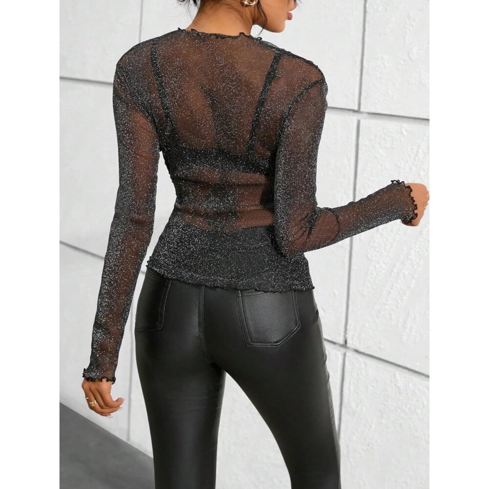 Black Shimmery Sheer Mock Neck Long Sleeve Top S | Rockstar Girlfriend Y3K Siren - Picture 14 of 16